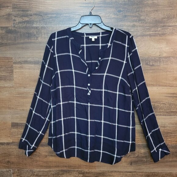 Talbots Tunic Top Women M Windowpane Button Cuffs Notched Neck Blue White - Picture 1 of 10